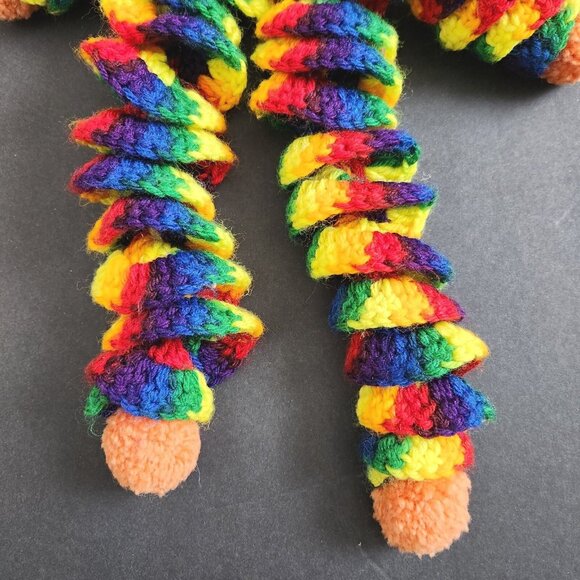 Vtg Curlicue Crochet Clown Doll Rubber Face Handmade Toy Variegated Yarn Pompom - Picture 7 of 9